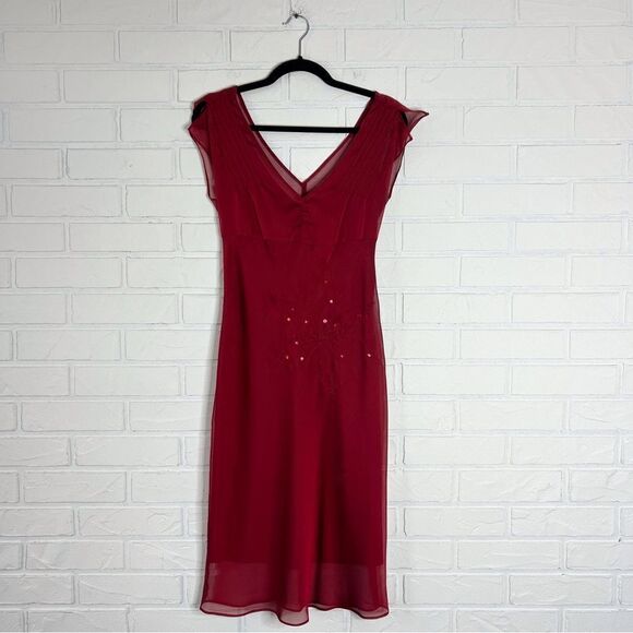 Vintage 90s Y2K Red Sheer Overlay Sequin Cap Sleeve Midi Dress 1 - Picture 3 of 11